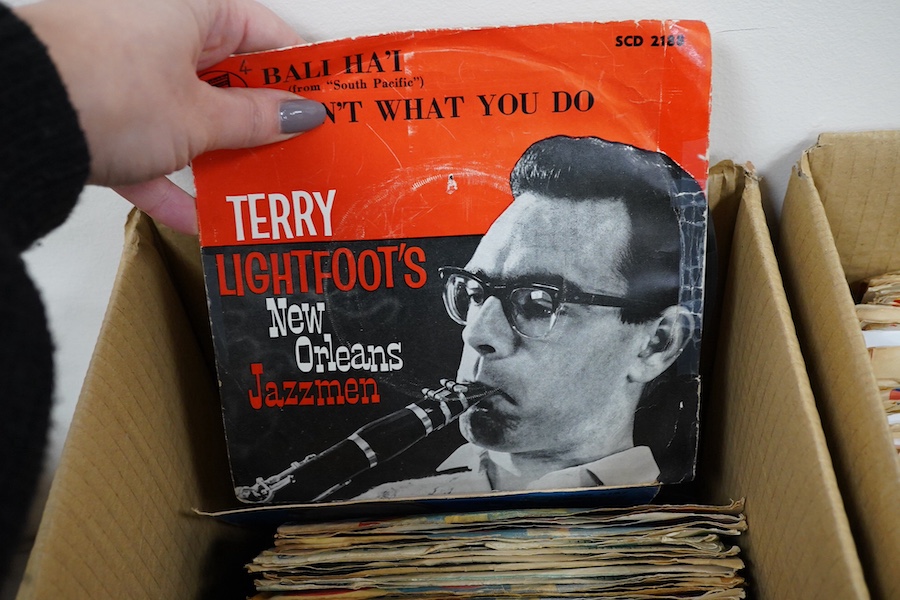 Three boxes of 7 inch singles, all on the Columbia label, artists include; Cliff Richard and the Drifters, the Tarriers, Benny Goodman, Doris Day, Eddie Calvert, The Animals, the Shadows, Kathy Kirby, Hank Marvin, The Ba